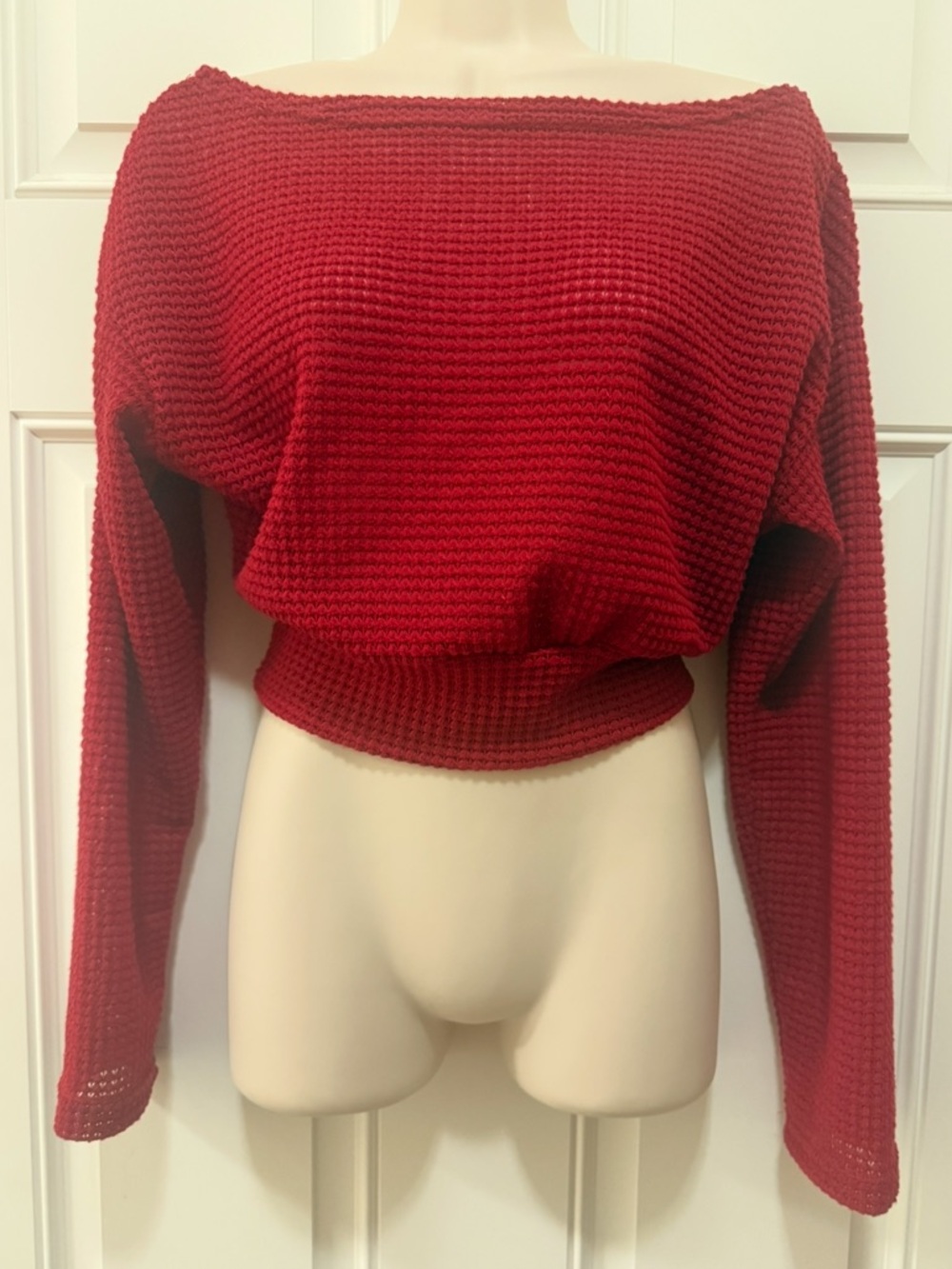 SHEIN Cropped Waffle Knit Sweater- Red, XS